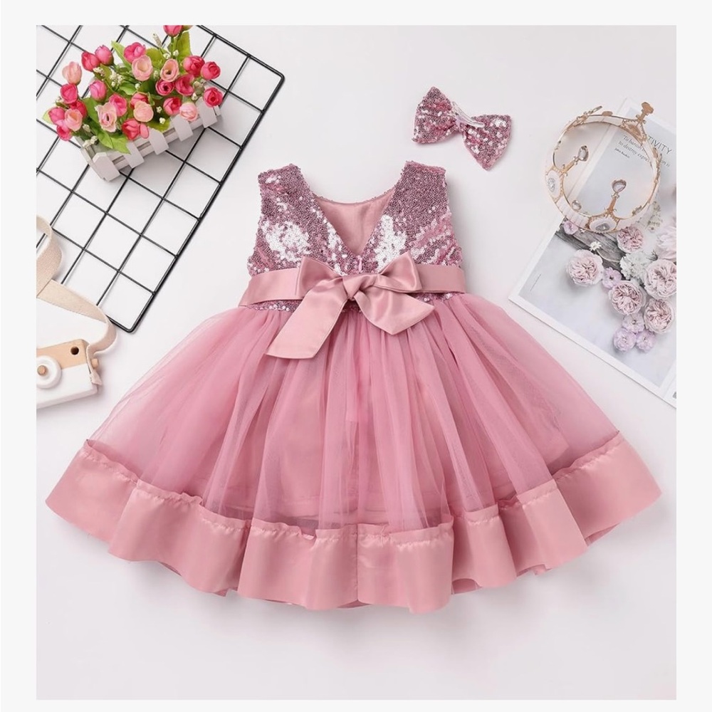 Pink Sequin Tulle Dress with Bow girls size 2-3‎ NEW